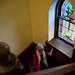 Amee Spondike walks up the stairs with her family at Bethlehem United Church of Christ on Saturday.